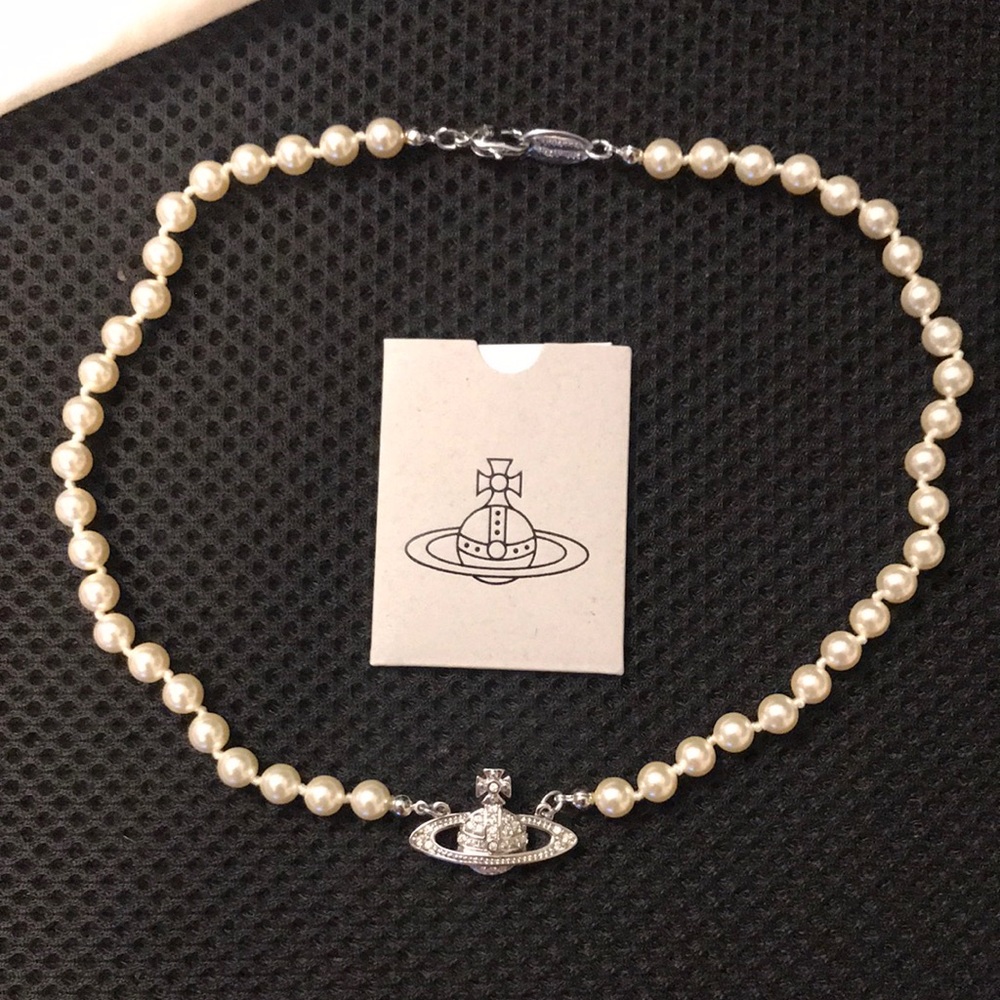Vivienne Westwood Pearl Necklace with Orb Pendant - Cream and Silver